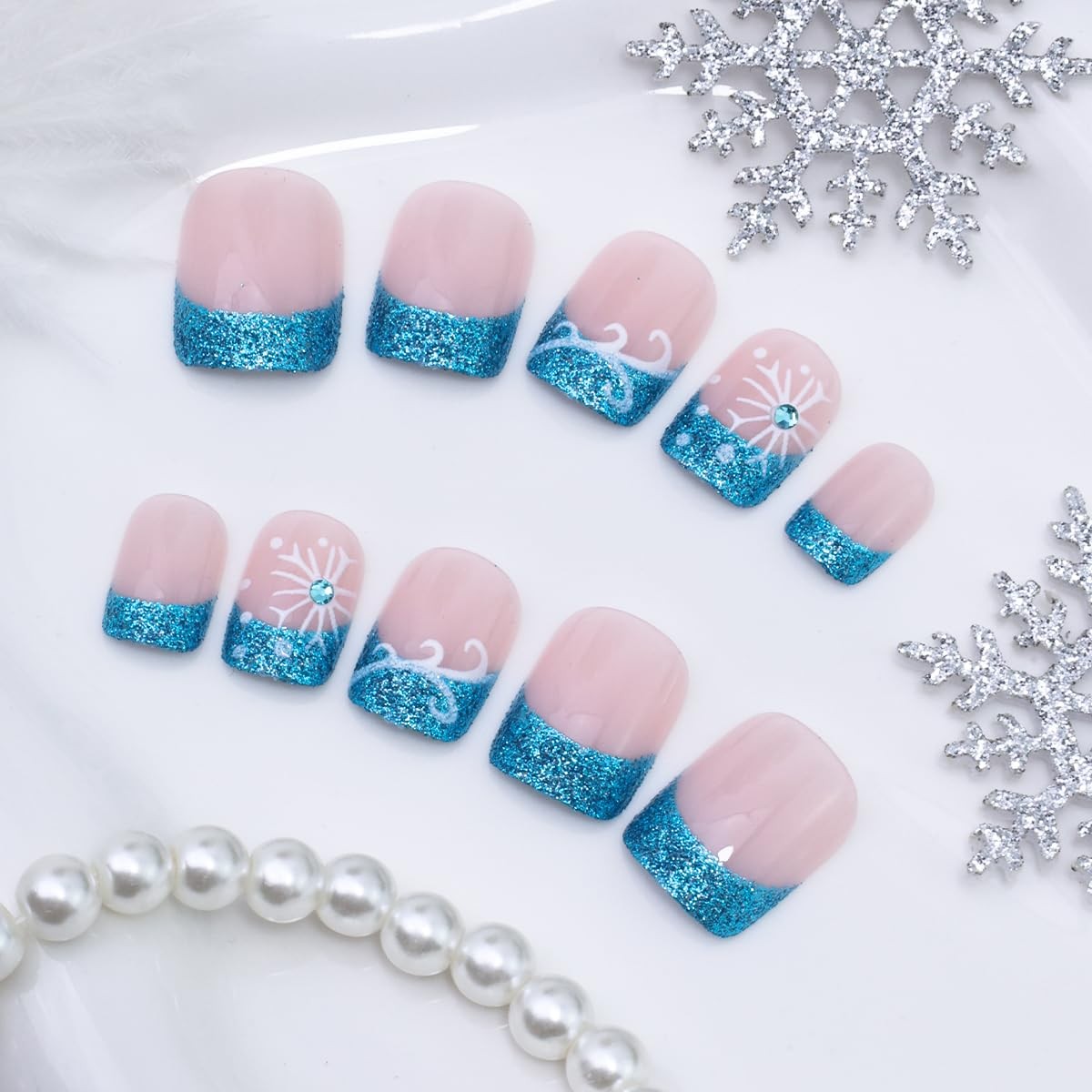 24Pcs Christmas Press on Nails Short Square BMKKOT Winter Fake Multicolor