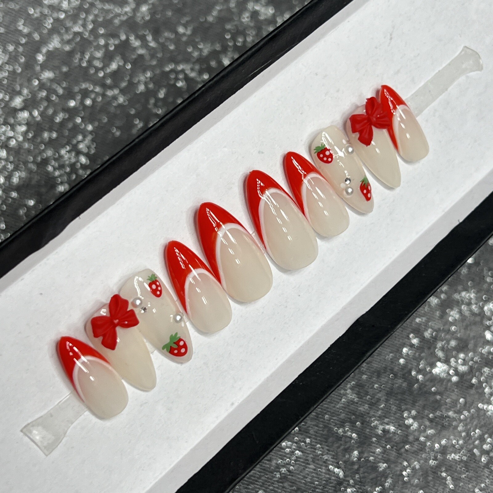 🍓 CUSTOM Hard Gel Press On False Nails, Strawberry 10p Set Medium Almond W Kit