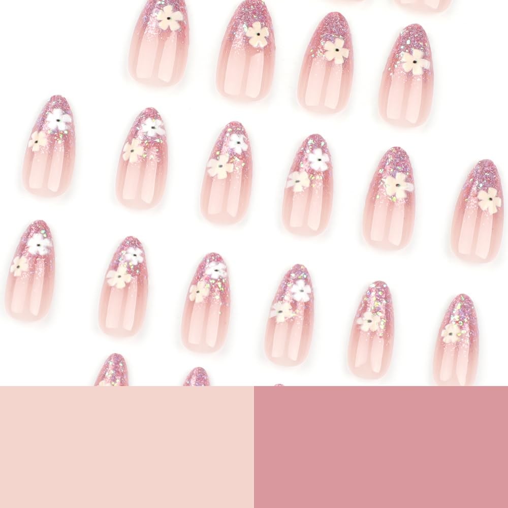 24 Pcs Pink Press on Nails Short Almond Nail Tips,Flower Acrylic Nail Kit Gli…