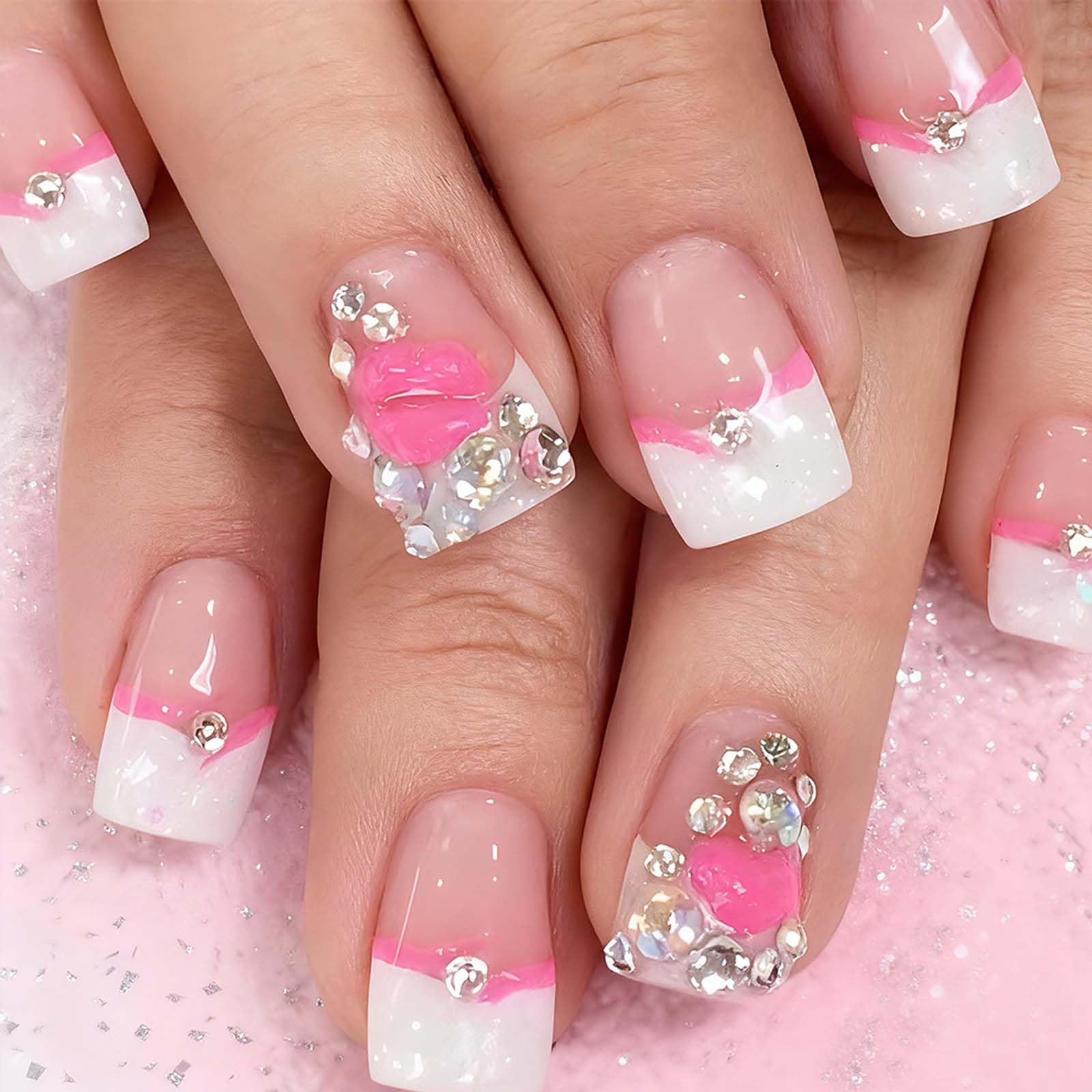 24Pcs Valentines French Tip Press on Nails Short Square 3D Red Lips Heart Fak…