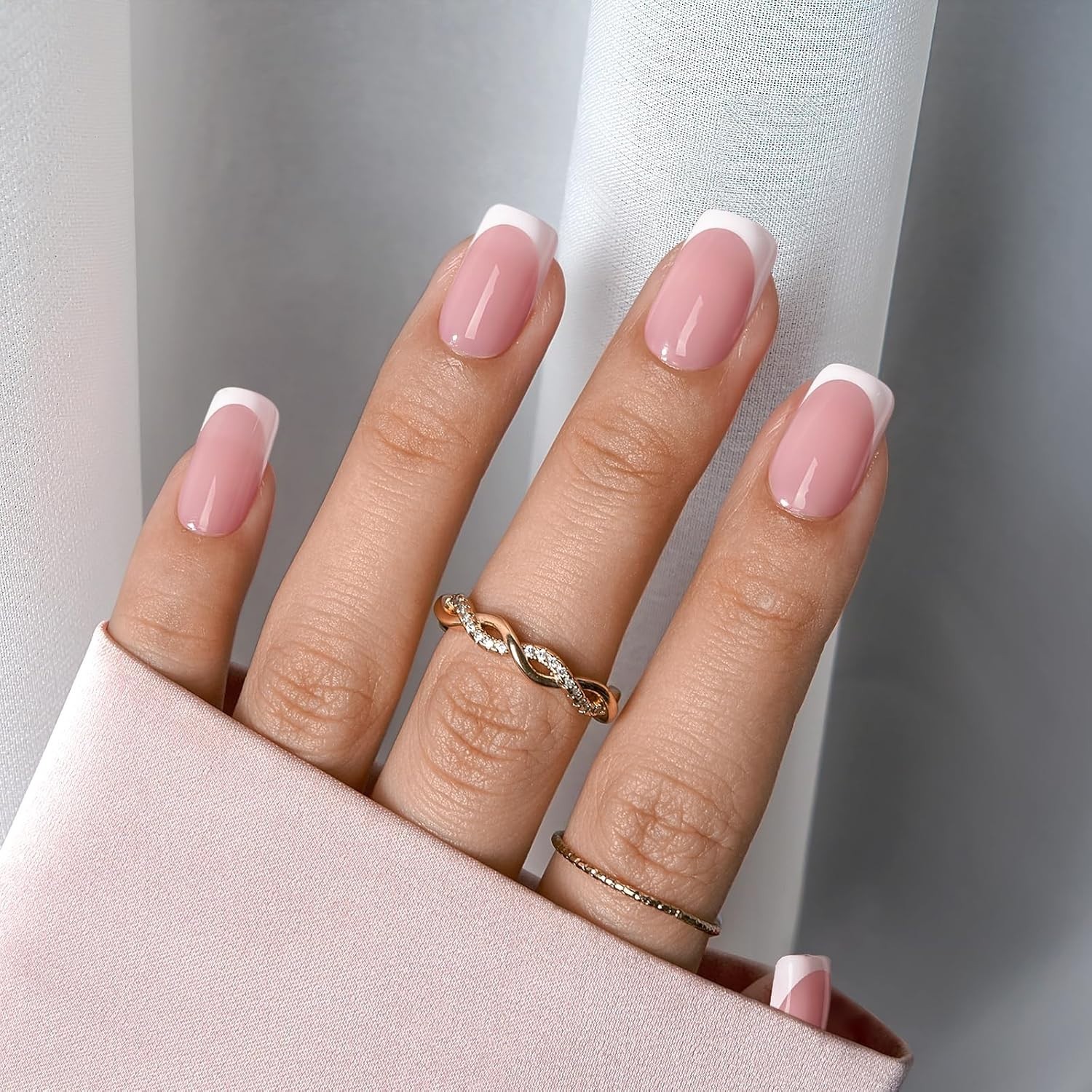 XCOATTIPS 160 Pink Square Soft Gel French Tip Nails with Primer & Base