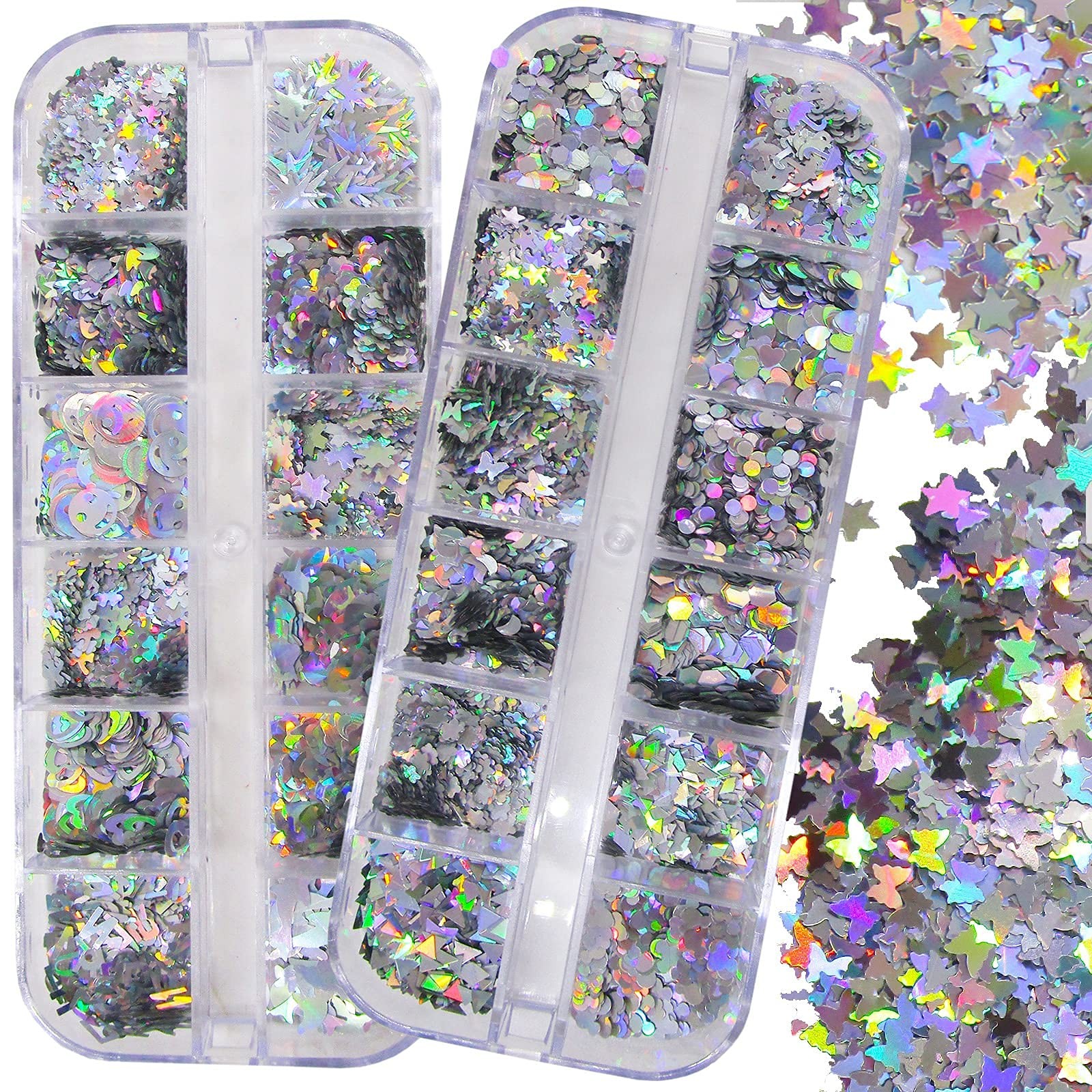 2 Boxes Holographic Silver Nail Glitters Sequins Butterfly Hearts Star Shape …