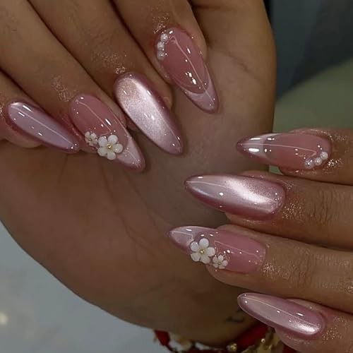 Almond Press On Nails – Fake Flower Pearls – Medium Almond FS41