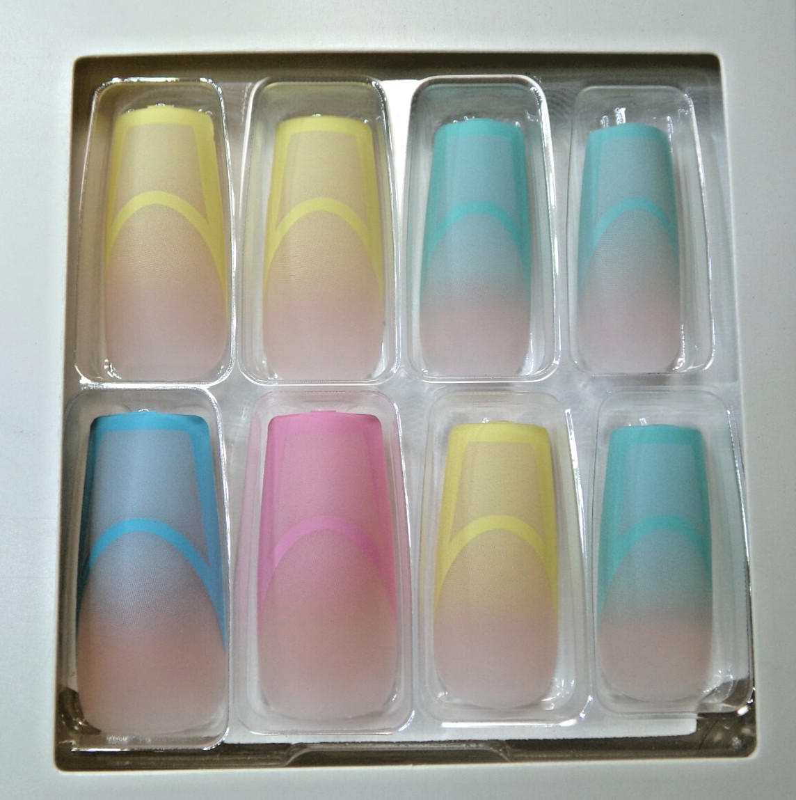 KISS Voguish Fantasy NAILS GLUE ON Matte Yellow, Green, Blue, Pink LONG square