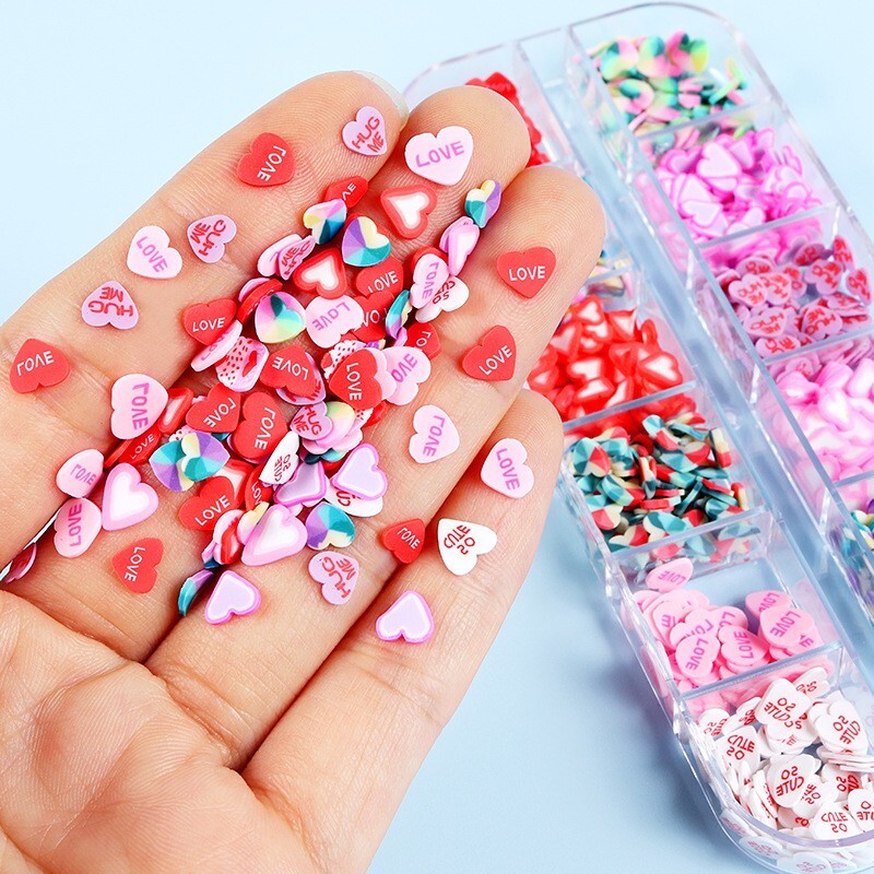 12 Grids Nail Art Mixed Heart LOVE Slices Polymer Clay Flakes DIY Nails Decora