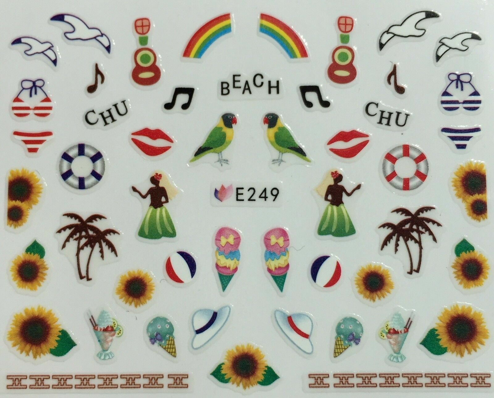Nail Art 3D Decal Stickers Tropical Chu Beach Rainbow Hula Dancer Palm Tree E249