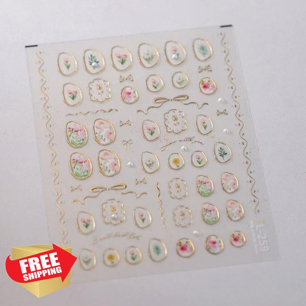5D Embossed Flower Nail Art Stickers Tulip, Geometric Frames, Self Adhesive