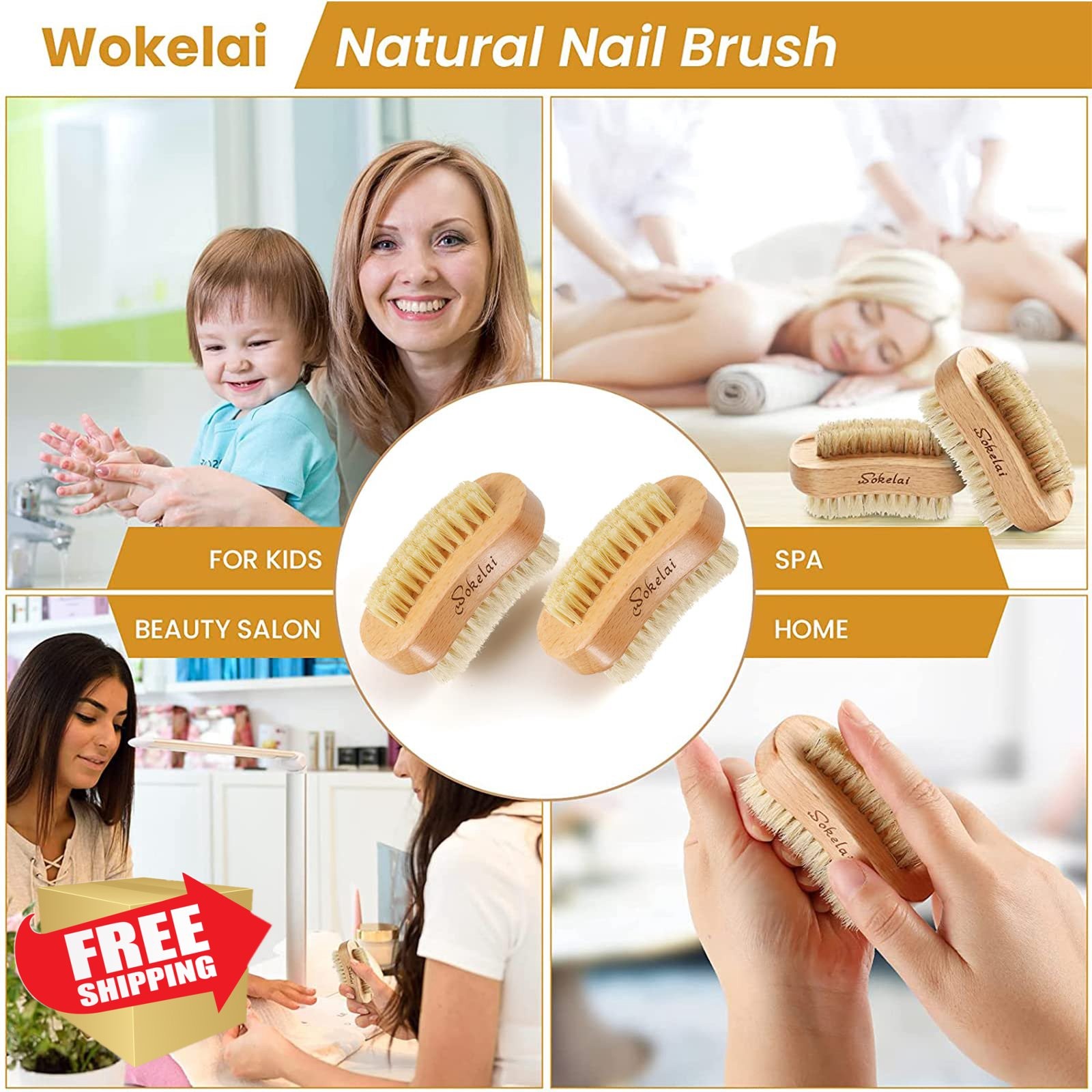 wokelai Nail Brush 2 Pcs Natural Wood Color