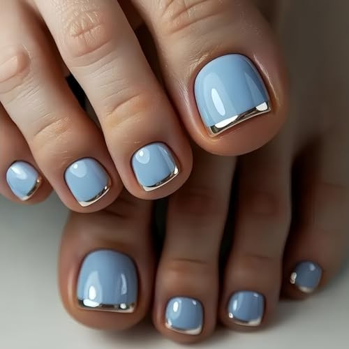 Summer Press on Toe Nails – Silver French Fake Toenails – Short Square Design 1