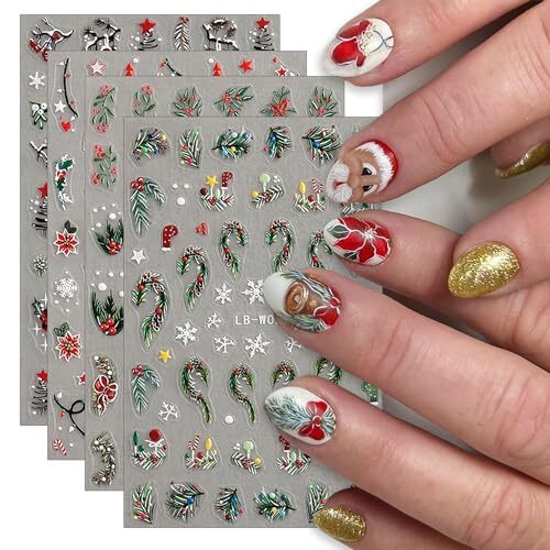 4Pcs Christmas Nail Art Stickers 5D Embossed Nail Decals Winter Christmas Tree