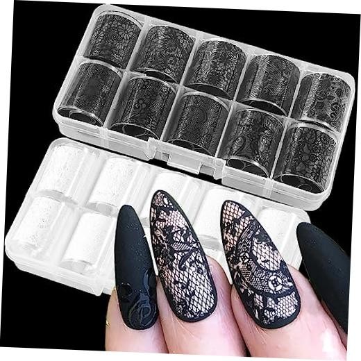 20 Rolls Lace Nail Foil White and Black Nail Transfer Foil Flower Black&white