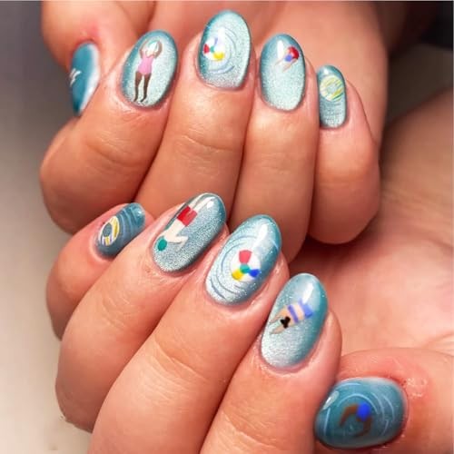 Pool Party Design – Glossy Blue Glitter Nails – Swimmer Nails