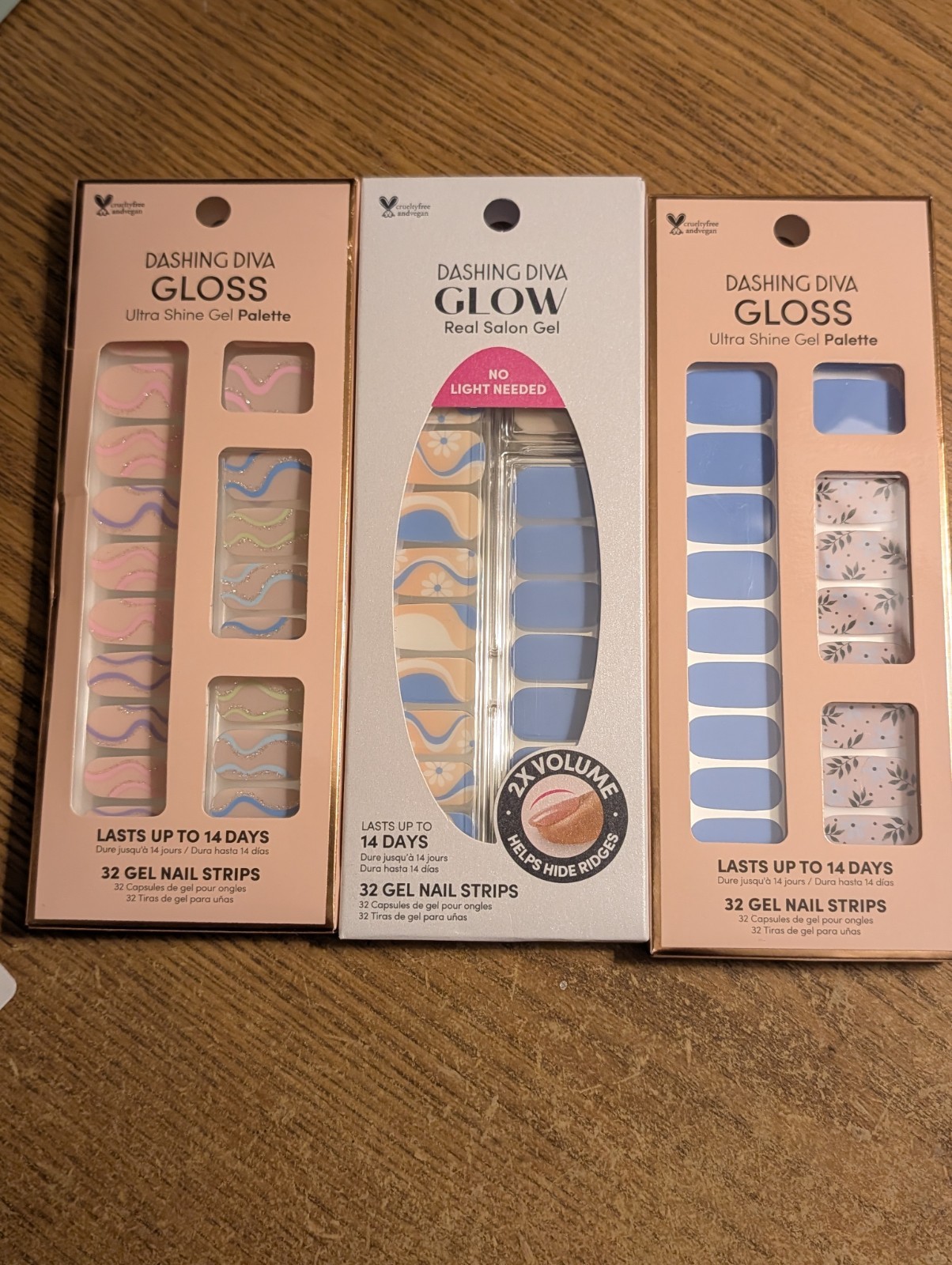 Dashing Diva Gel Nail Strip Set 3-Pack Glitter Floral Blue Pink Beige No UV