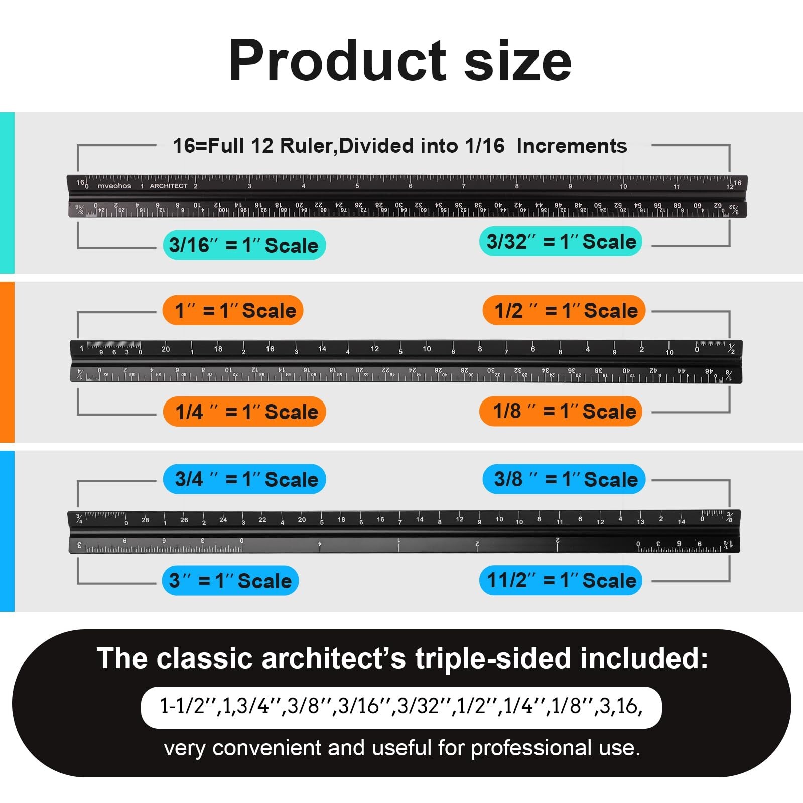 Architectural Scale Ruler, Imperial Measurements 12”, Laser-Etched Aluminum …