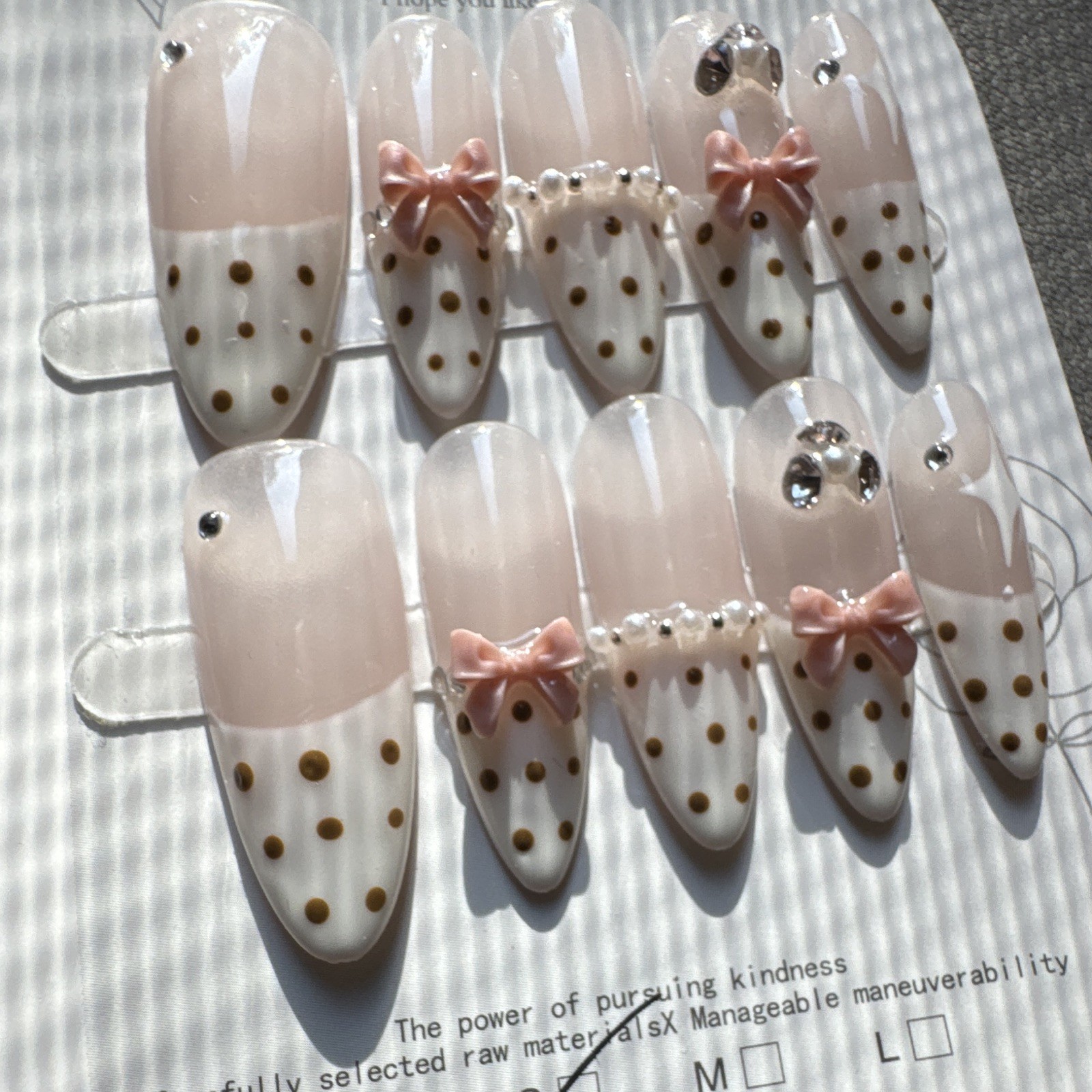 Press-On Nails Short Almond White/Pink/Gold 3D Bow Full Cover Pre-Designed
