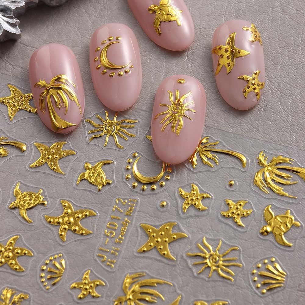 Summer Nail Stickers for Nail Art, 5D Embossed Gold Ocean Nail Decals Starfis…