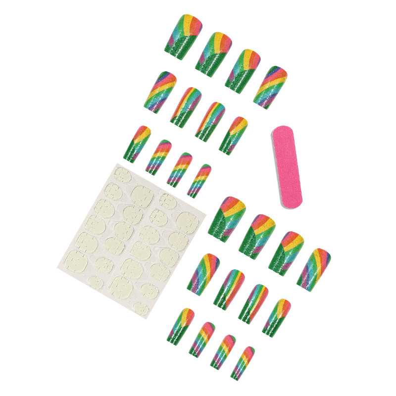 48P Rainbow Glitter Stripe Coffin Press on Nails, Bright Summer Daily Fake Nails