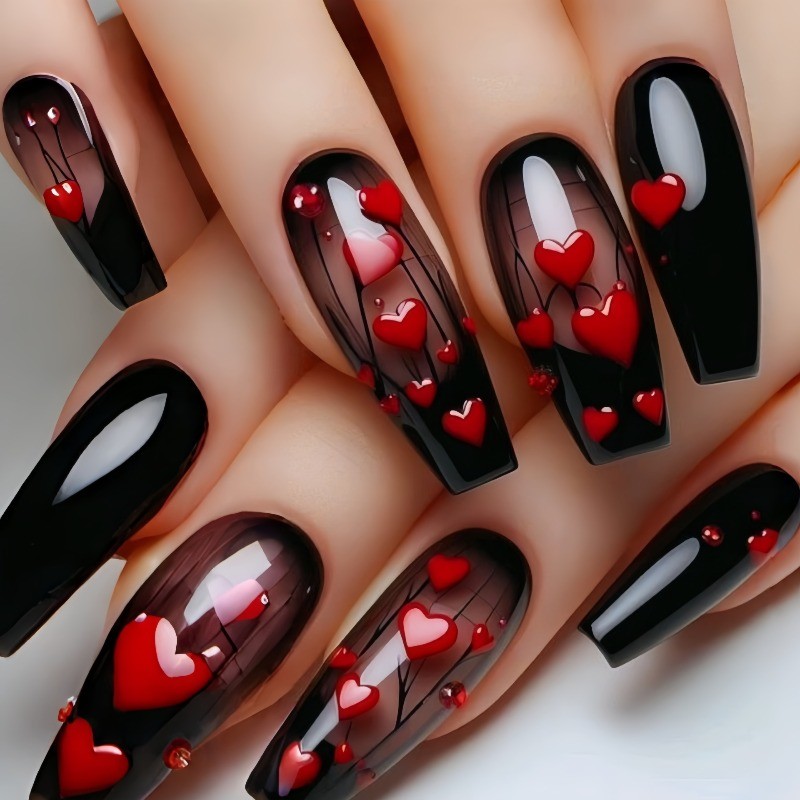 96Pcs Valentine’s Day Medium Ballet Press On Nails Cute Heart Cartoon Sweet