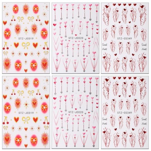 Valentine’s Nail Art Stickers Red Heart Nail Decals 3D Self Red Love Heart Bow