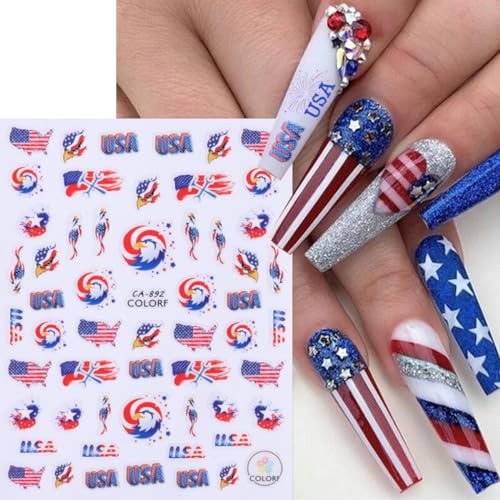 10 Sheets 4th of July Nail Art Stickers Patriotic Nail Decals 3D Self Modern