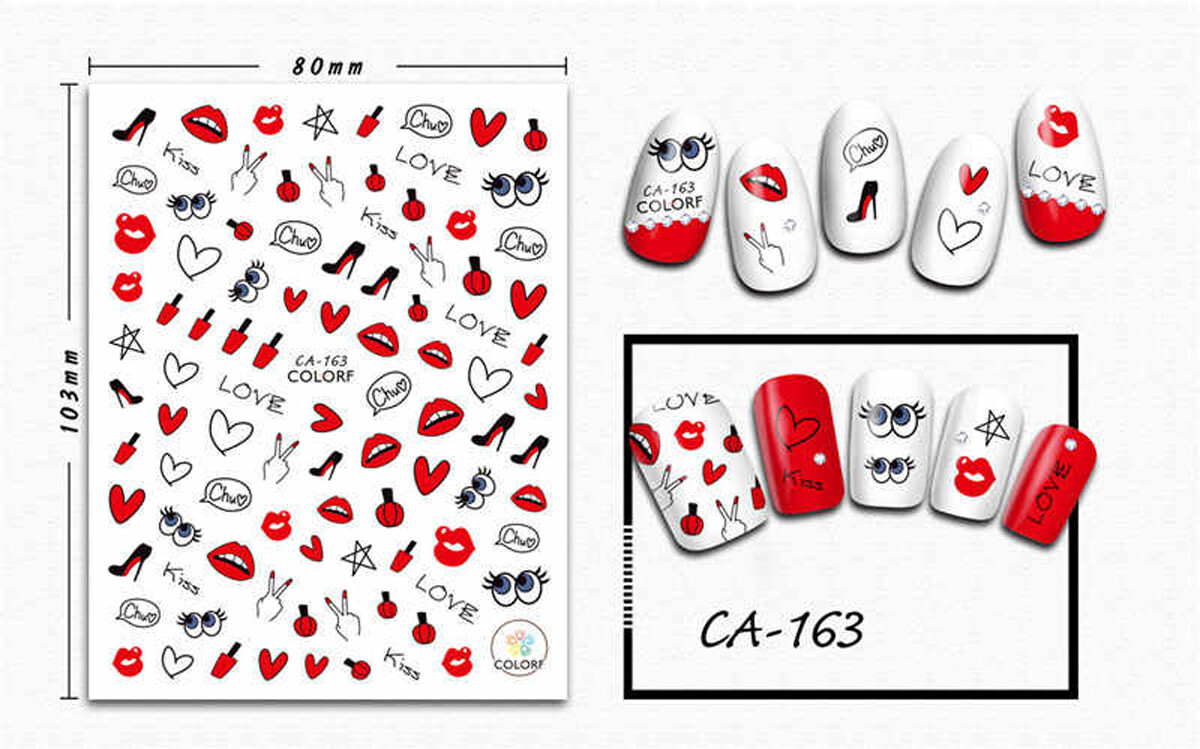 Nail art 3D stickers decal red lips white hearts kiss CA163