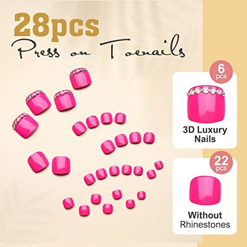 28pcs Hot Pink Short Press on Toenails Glossy Square Fake Toe Nails Art