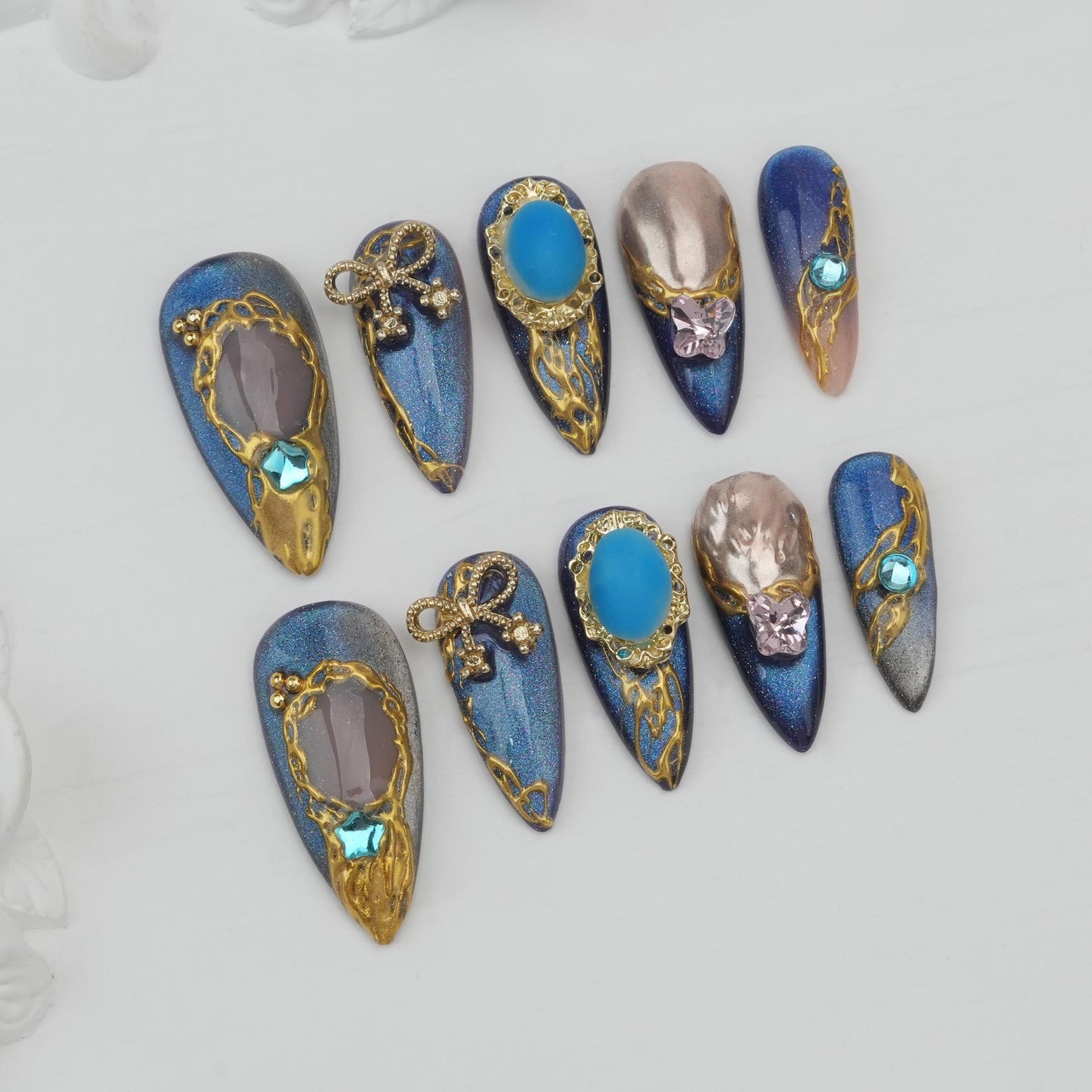 Handmade Dark Blue Cat Eye Gold Metal Line Bow Gem Long Stiletto Press on Nails