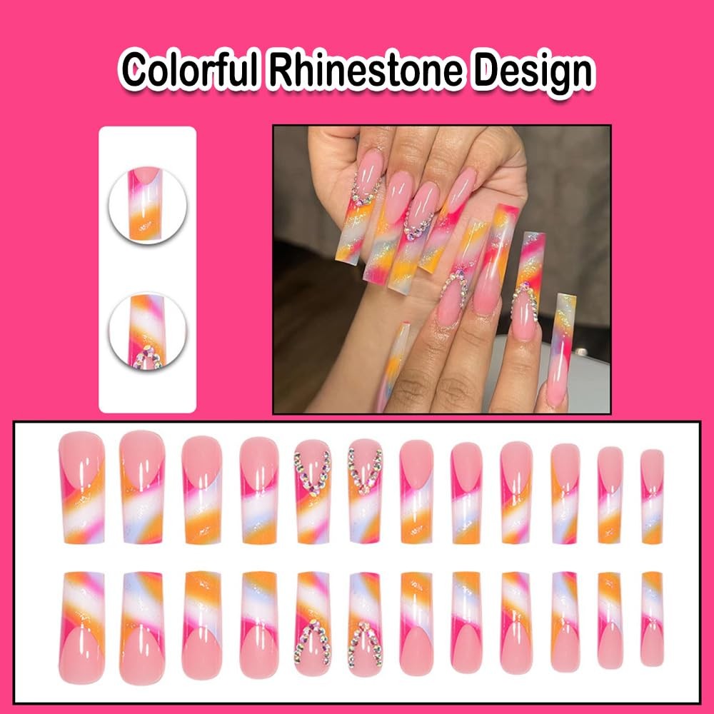 French Tip Press on Nails Long Square Ballet Fake Nails Orange on Nails with …