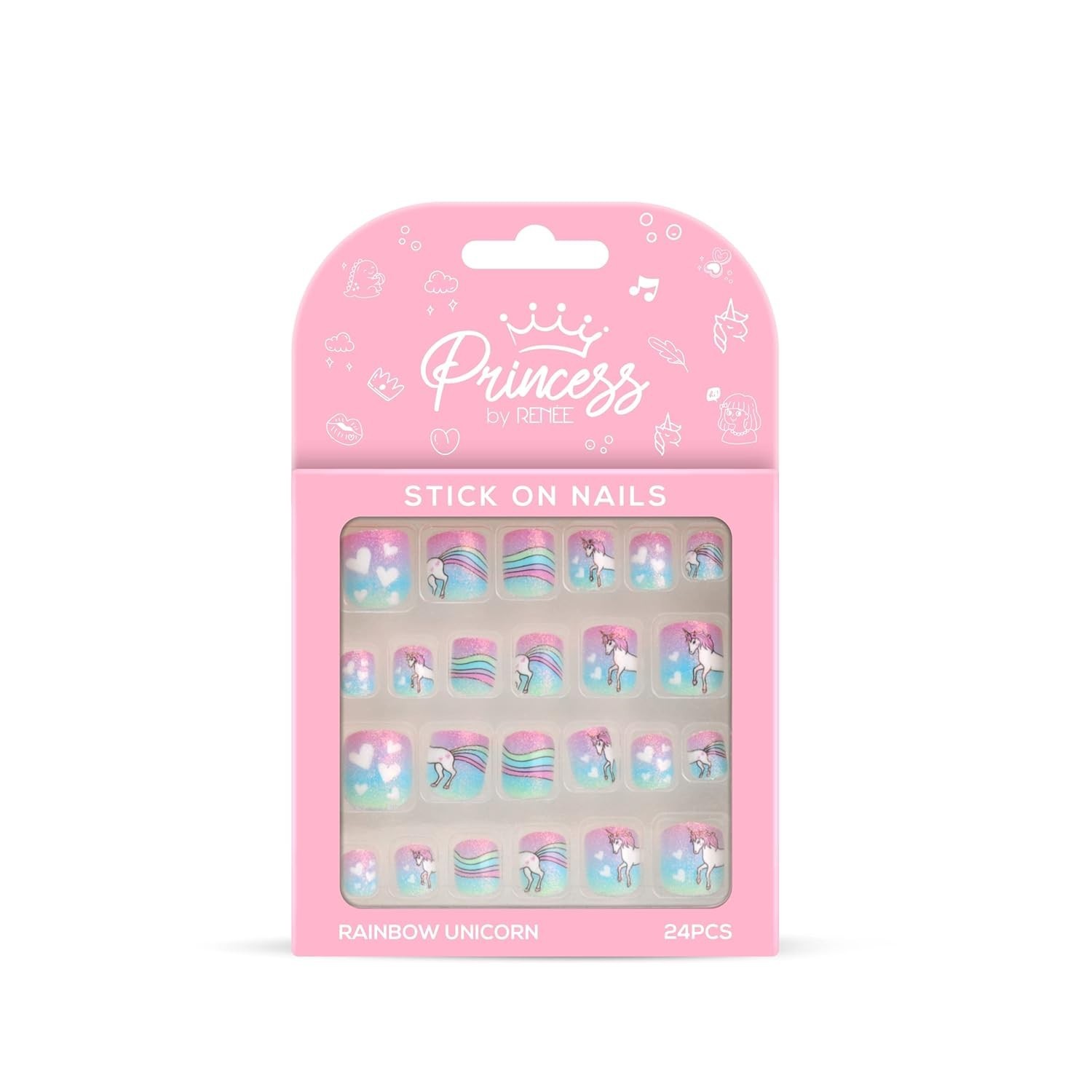 RENEE Princess Stick on Nails Rainbow Unicorn | 24 Reusable Artificial Nail Set