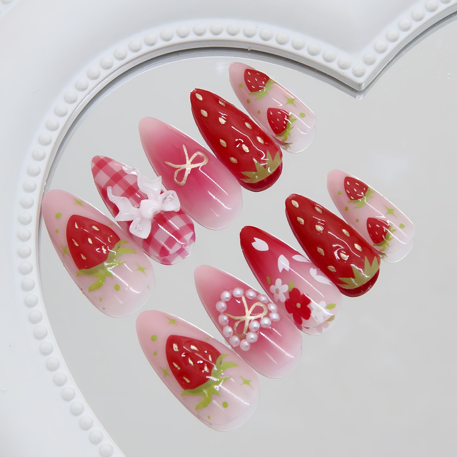 24Pcs Strawberry Flower Press on Nails Medium Almond 4*2*0.3in, Multicolor