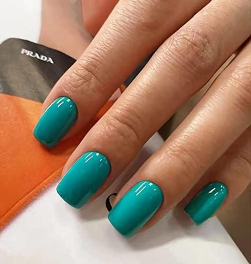 Square Press on Nails – Short Fake Nails – Cyan False Nails with Solid Color C06