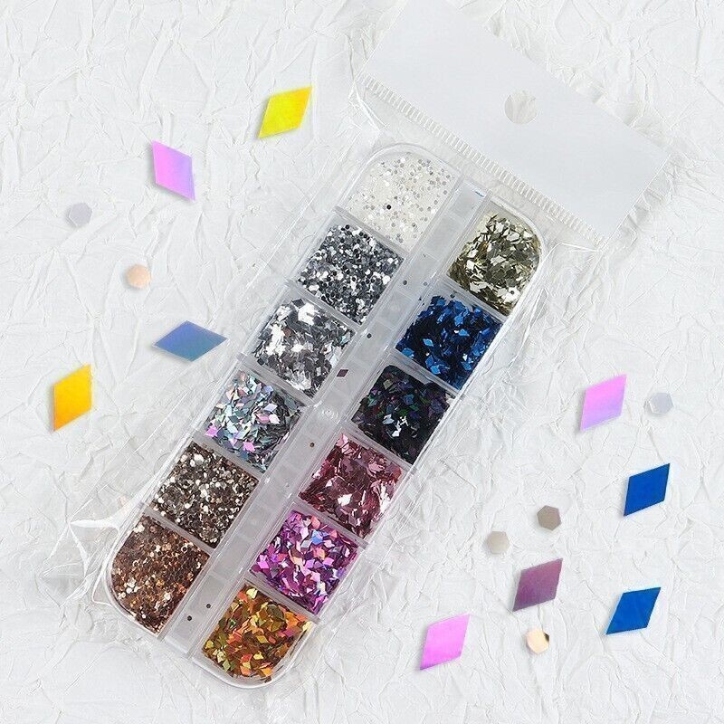 12 Grids Colorful Glitter Rhombus Design Nail Art Sequins Nails Stickers Decor