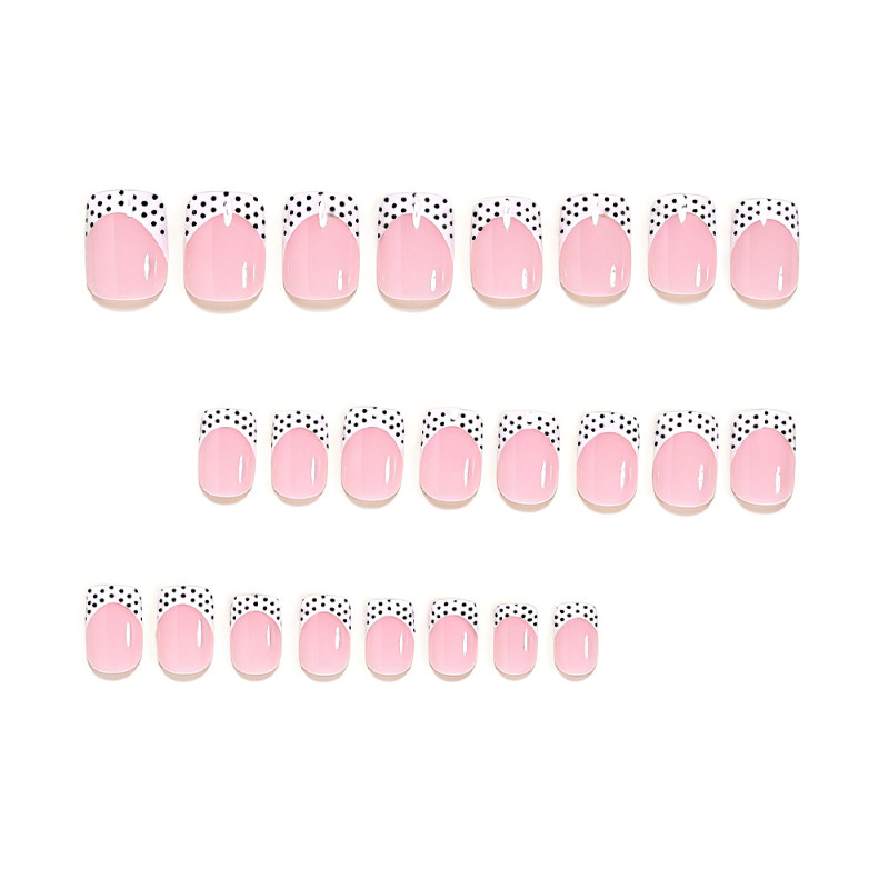 48pcs Medium Square Press On Nails,Nude Base with White French Tip & Black Polka