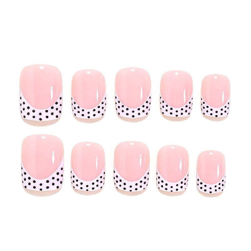 48pcs Medium Square Press On Nails,Nude Base with White French Tip & Black Polka