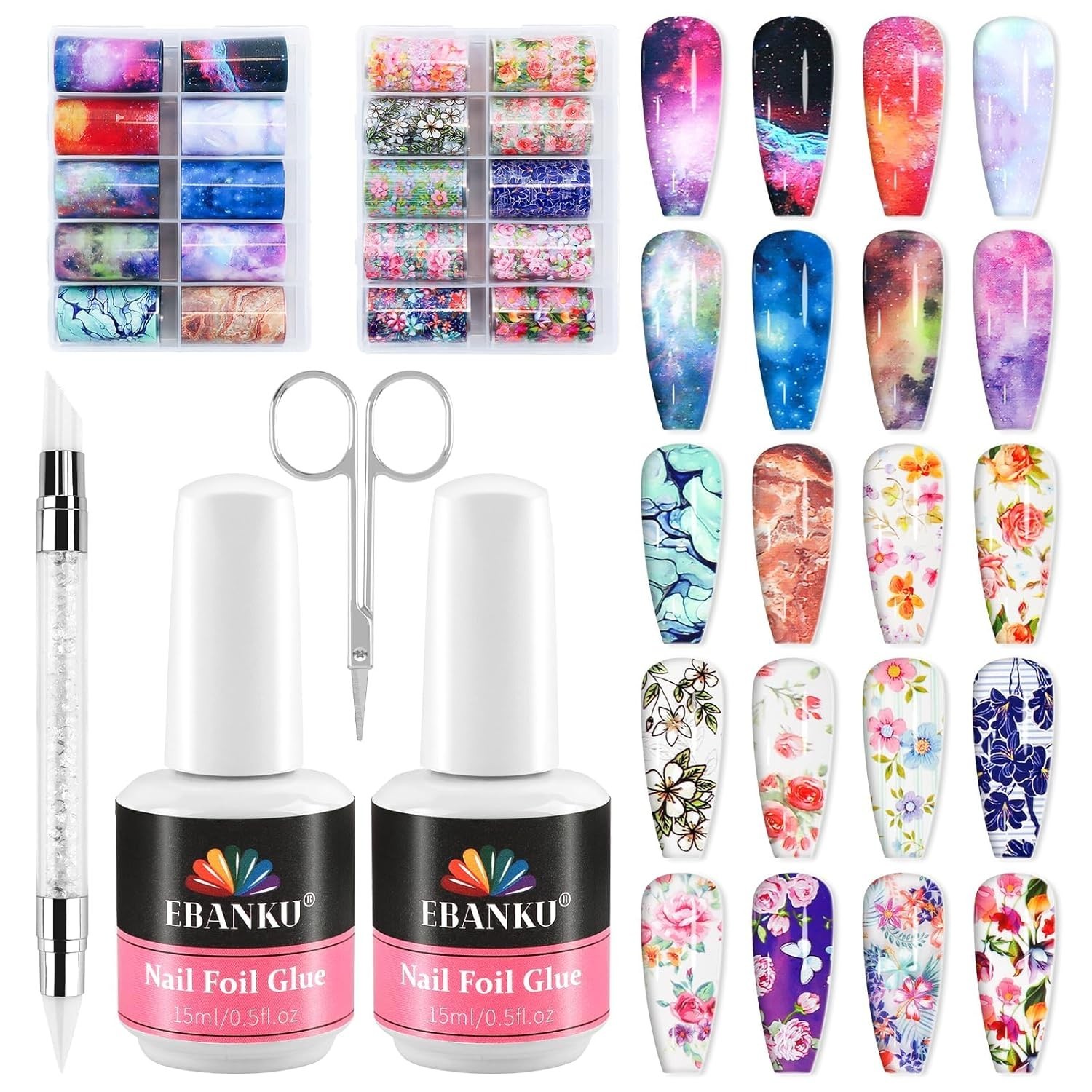 20 OR 80Pcs Nail Art Foil w 30ML Nail Foil Glue Gel Starry Sky Flower Foils Tr