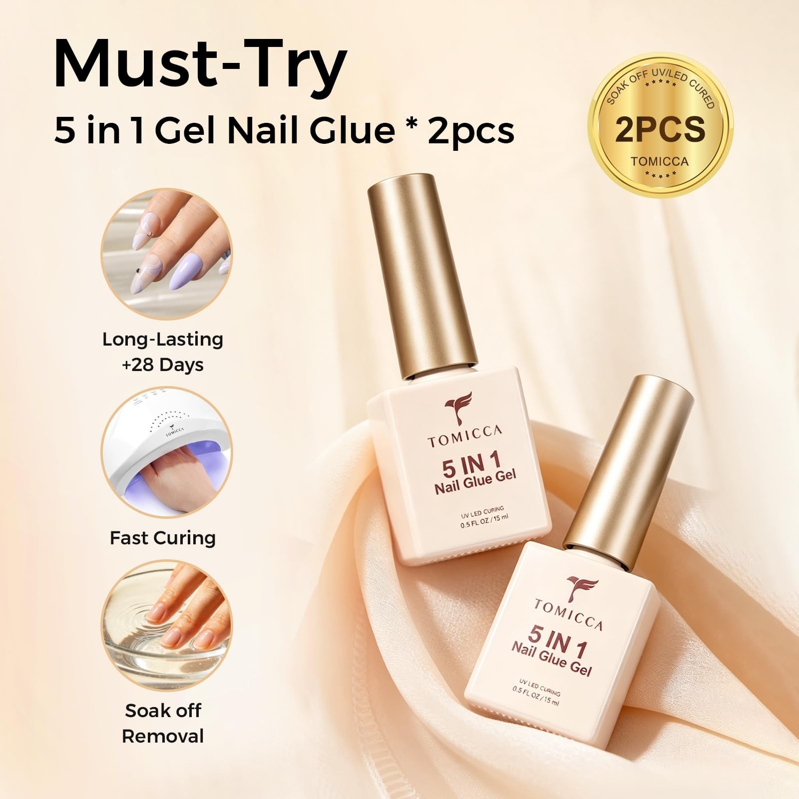 5-in-1 Gel Nail Glue for Acrylic Tips – 2x15ml Brush-On UV Adhesive, Long Lastin
