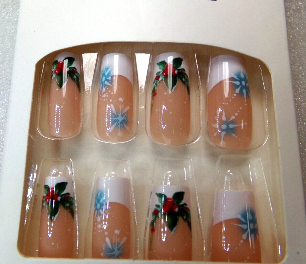 Beautiful Nails French with Snowflake & Holly Accents glue on Long