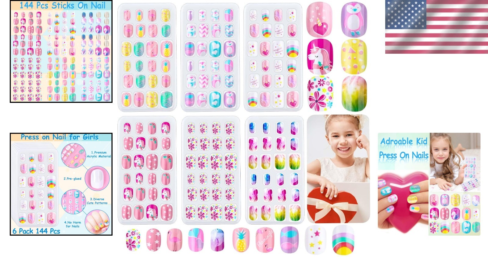 Kids Safe Press-On Nail Set – 144 Full Cover Rainbow Tips for Nail Art Fun