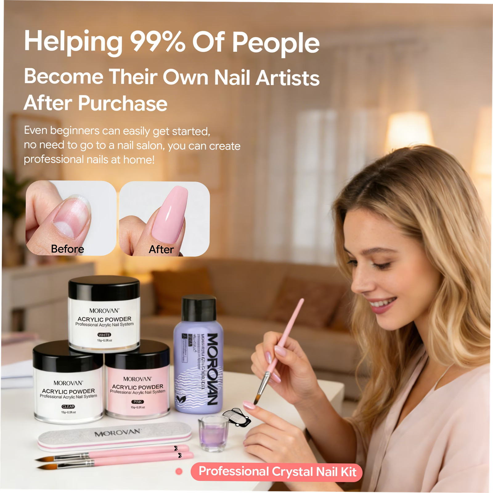 Morovan Acrylic Nail Kit – Clear Pink & White Powder with Liquid Set, Nail Brush
