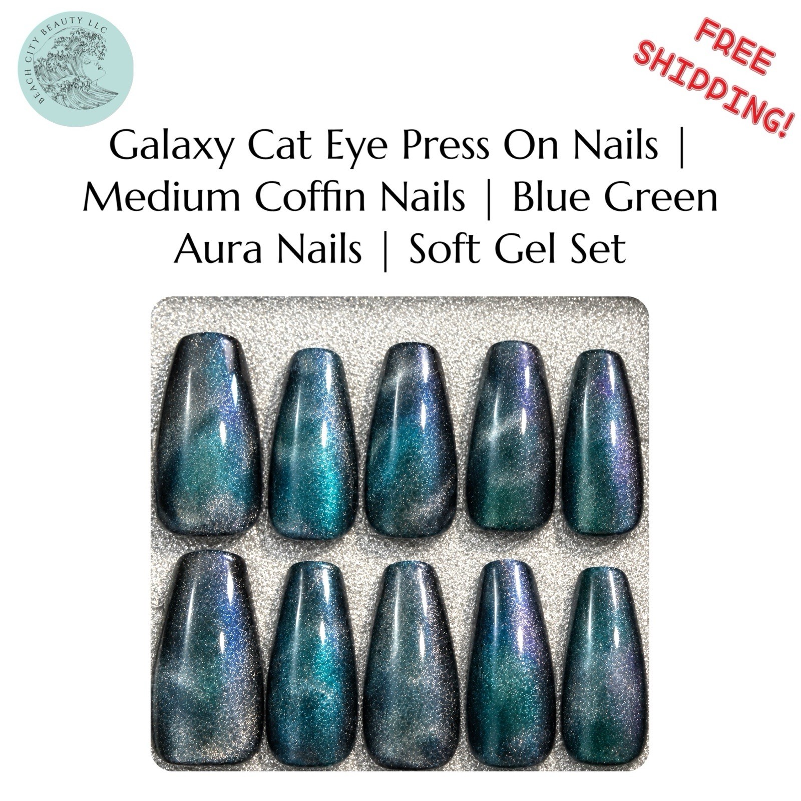 Galaxy Cat Eye Press On Nails | Medium Coffin Nails | Blue Green Aura Nails