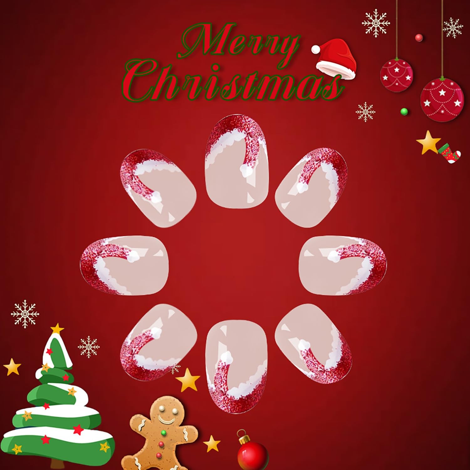 Christmas Press On Nails – Short Oval Nude Pink False Nails With Red Tip Desi…