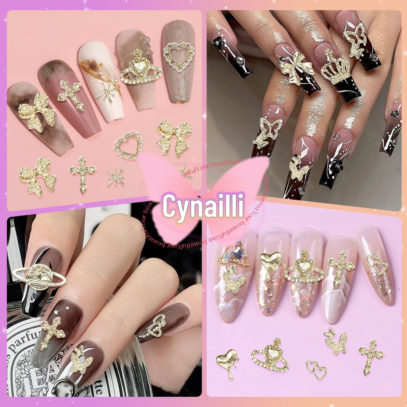 180 Pcs Gold Nail Charms and Gems, Bow Star Butterfly Cross Alloy Nail Jewelr…