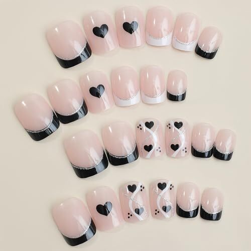Black French Tip Press on Nails Black French Tip & Striped Hearts Design