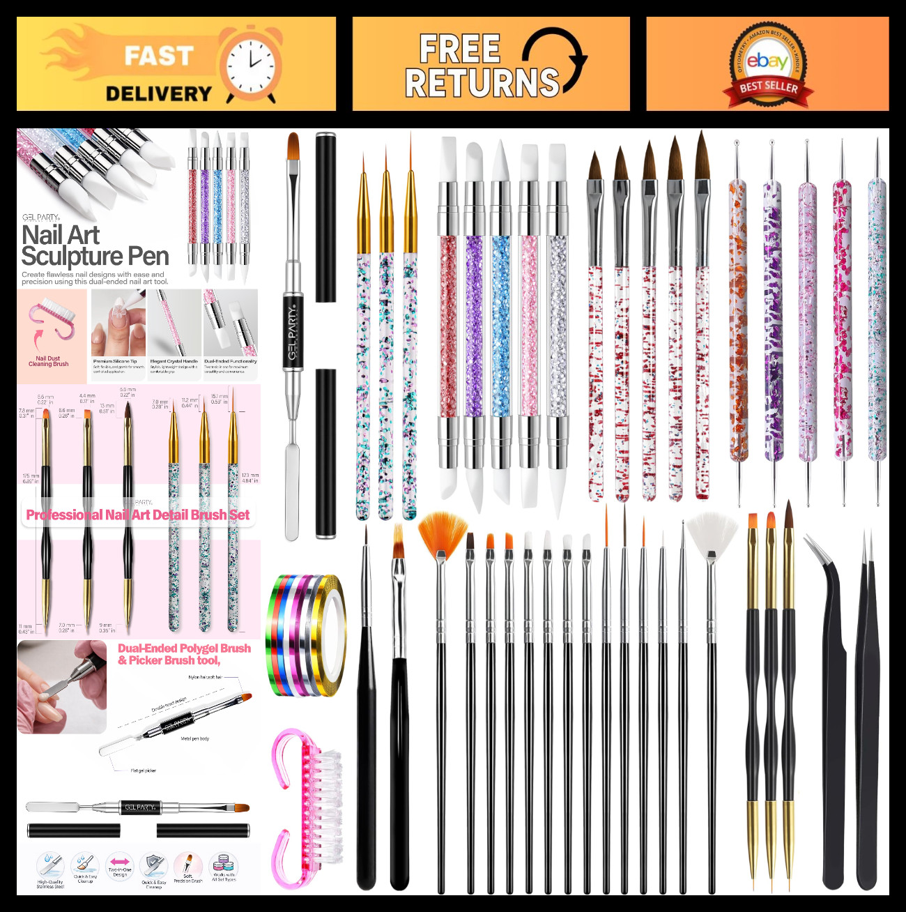 49 PCS Nail Art Brush Set – Dotting Tools, Liner Brushes, Silicone Tools & Tweez
