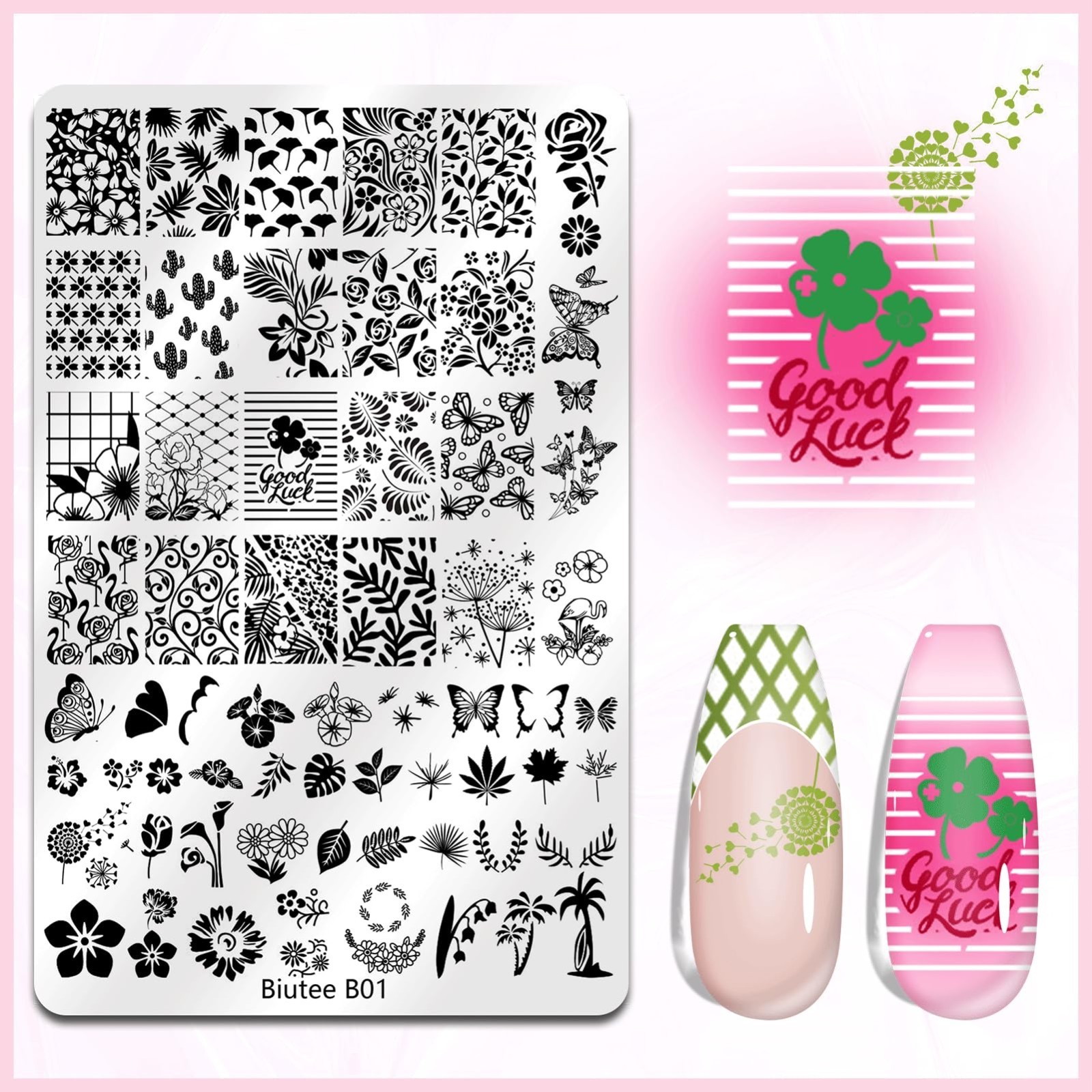 4PCS Nail Stamping Plates Set with Stamper & Scraper – French Lace, Space, Anima