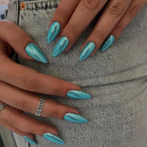 Teal Blue Chrome Press on Nails Almond Medium Acrylic Nails Press 39-Teal Blue