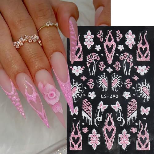 6 Sheet Butterfly Flower Nail Art Sticker Decals 3D Self-Adhesive Glitter Pink