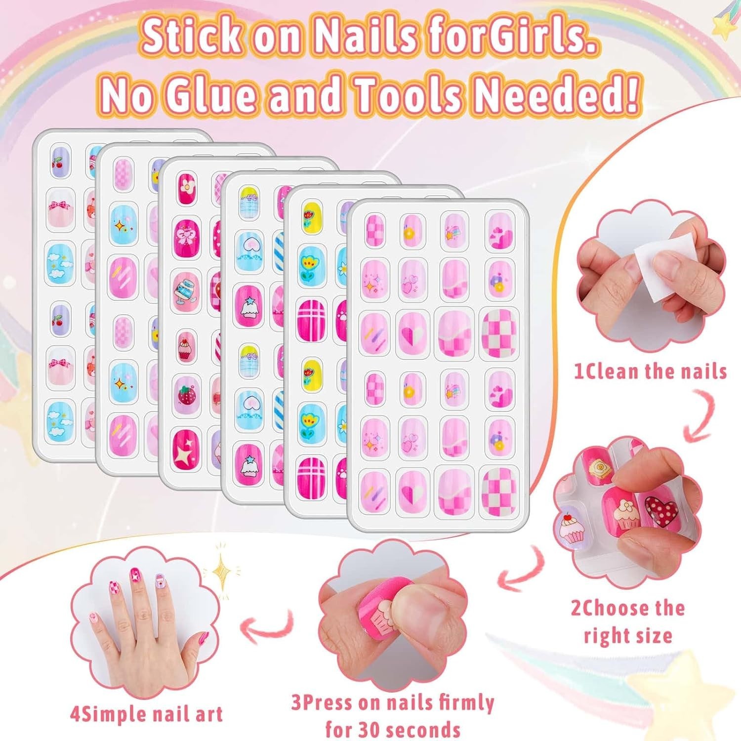 Beautiful 144 Pcs Kids Nail Kit – Safe, Easy-to-Apply Press-On Nails for Girls