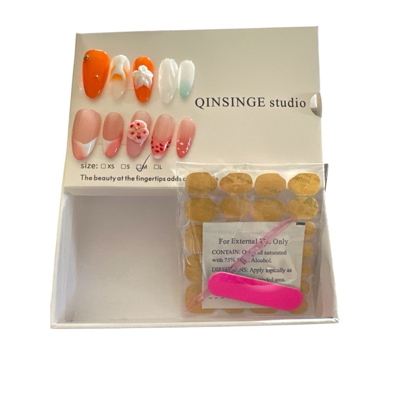 QINSINGE Studio 3D Floral Press On Nails Orange Pink Almond Reusable Size M
