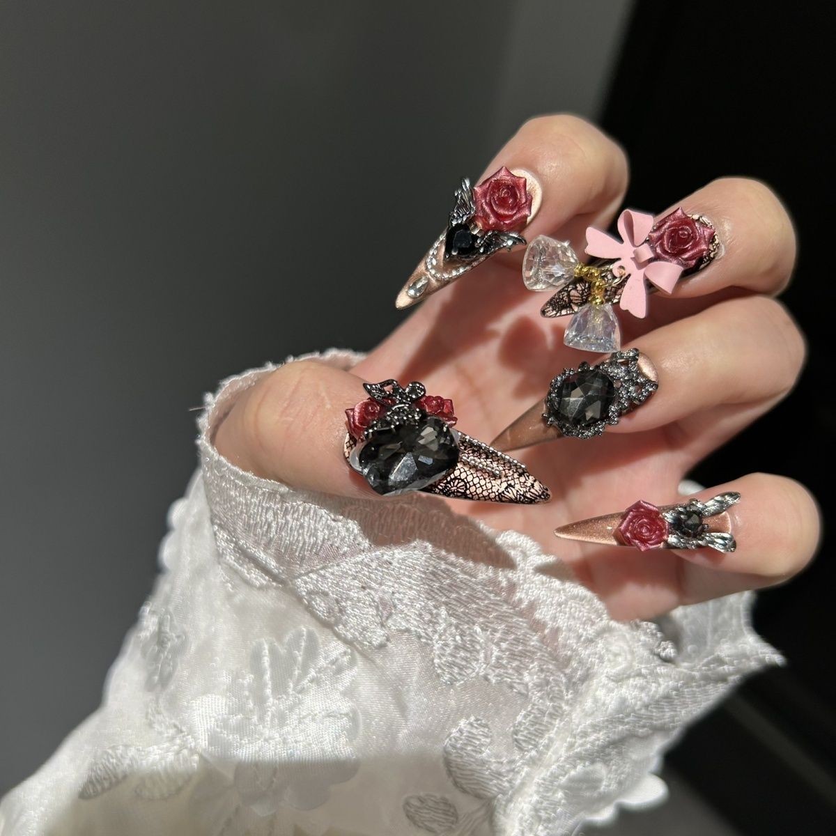 Gothic Cat Eye Rose Press On Nails Dark Handmade Detachable Design
